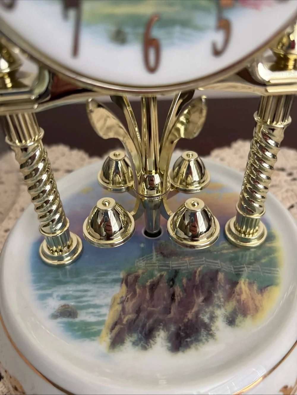 Thomas Kinkade White & Gold Glass Dome Mantel Clock with Scenic Dial